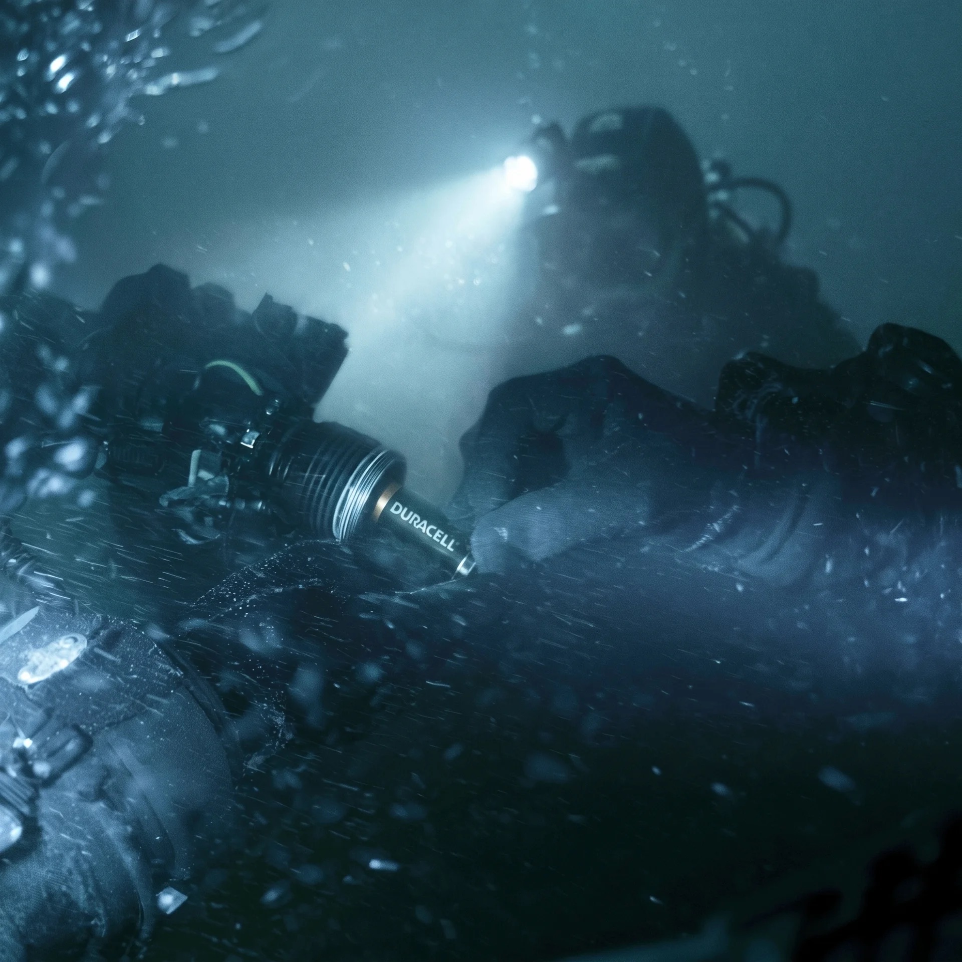 A diver's flashlight cutting through dark water, powered by Duracell