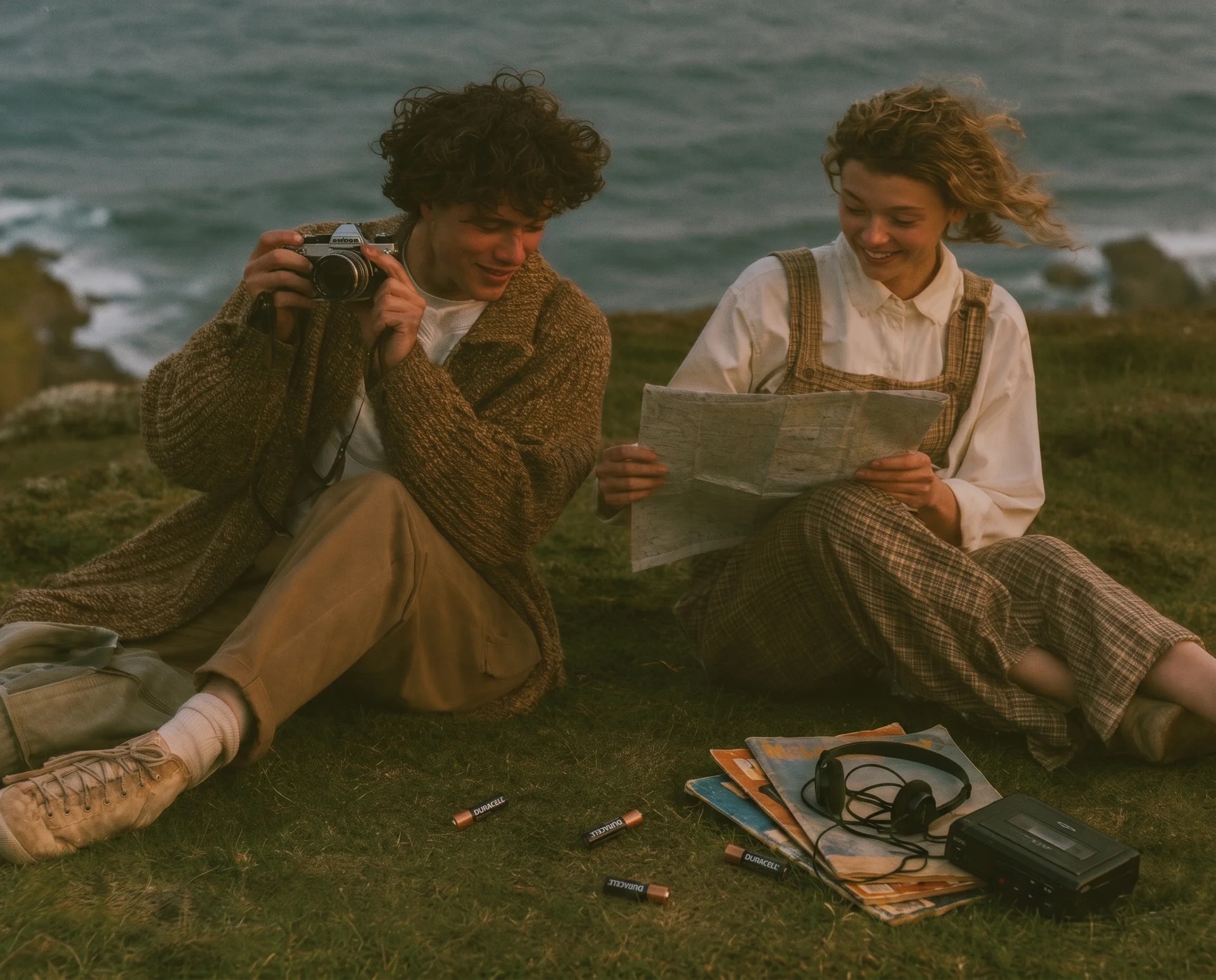 A young couple on a clifftop with a camera, a map and Duracell batteries