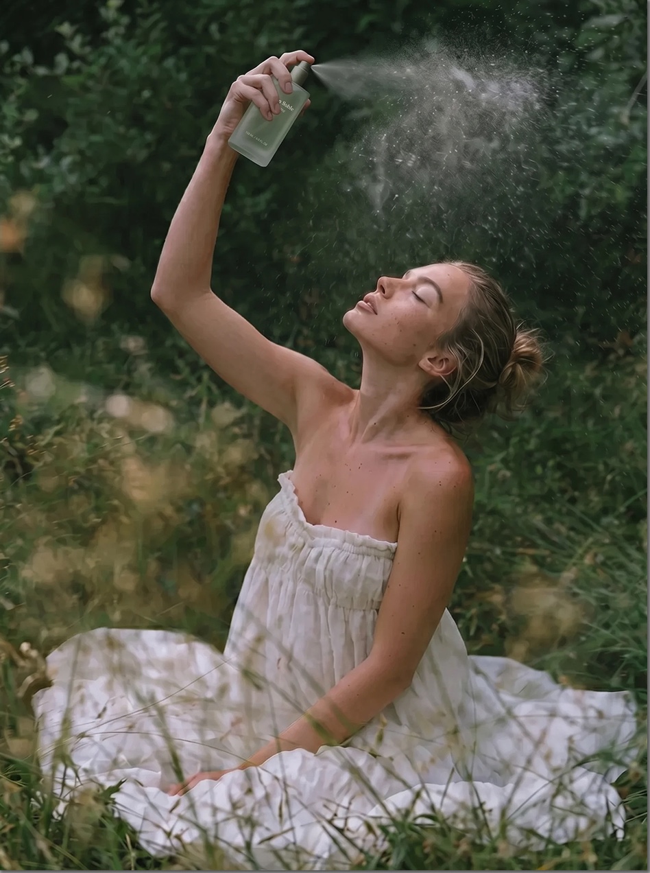 A woman in a white dress spraying mist into the air in a meadow