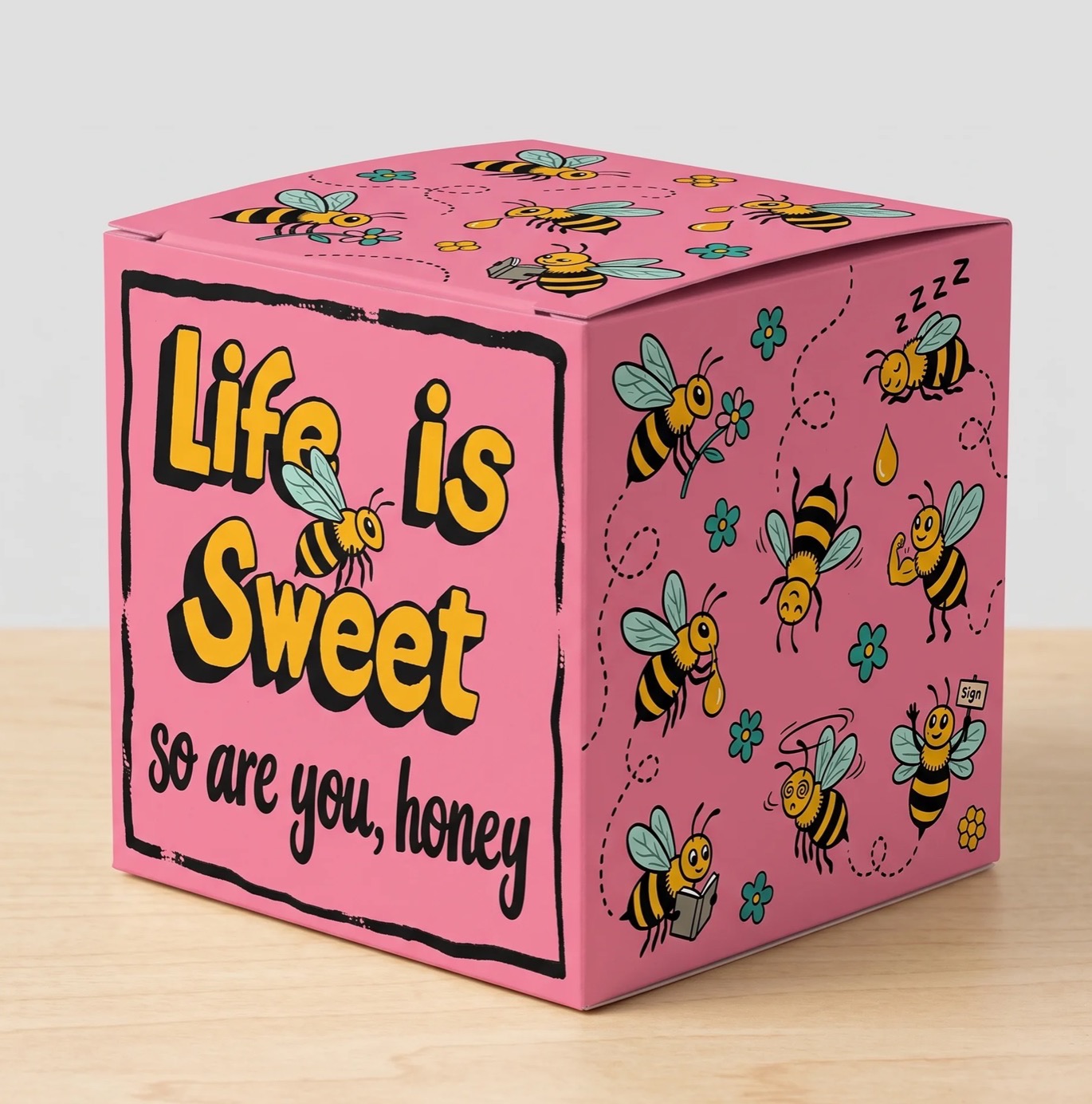 Pink Life is Sweet gift box covered in illustrated bees