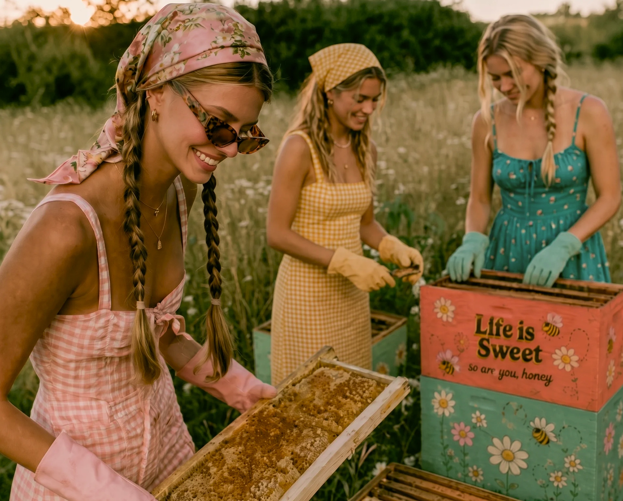 Three women tending beehives at golden hour beside Life is Sweet crates
