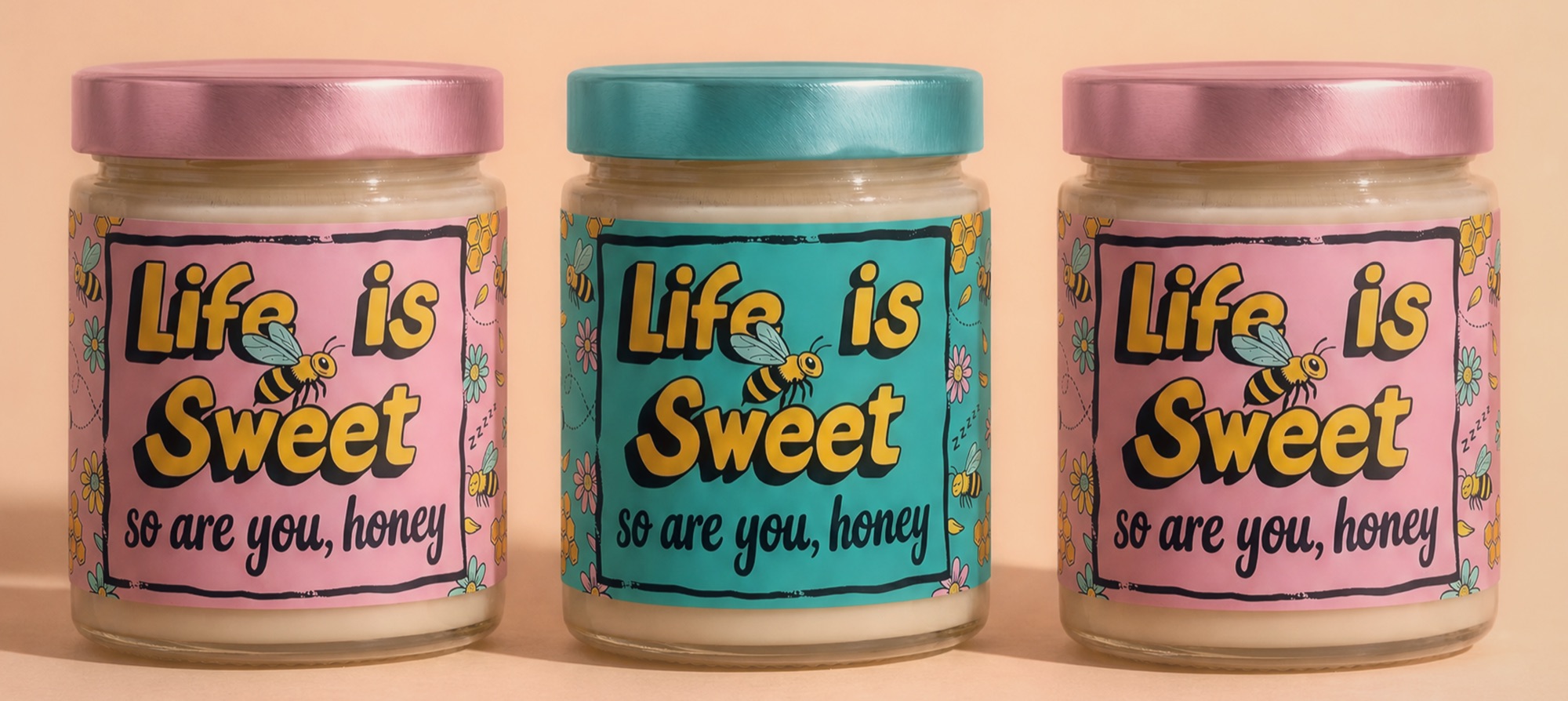 Three Life is Sweet honey jars with pink and teal lids